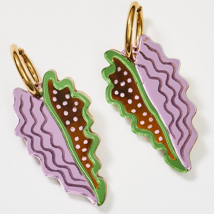 Martha Jean - Big Leaf Earrings - Tan & Lilac