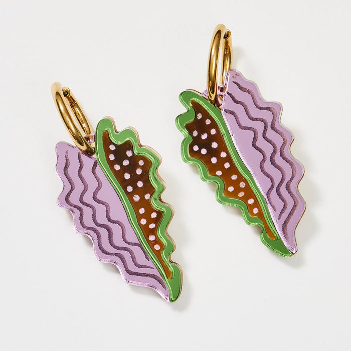 Martha Jean - Big Leaf Earrings - Tan & Lilac