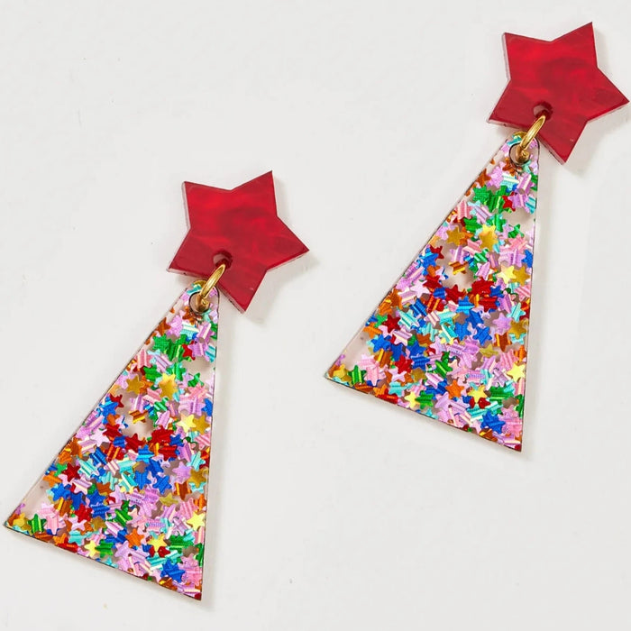 Martha Jean - Christmas Tree Earrings - Red & Multi Star Glitter