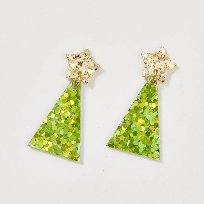 Martha Jean - Christmas Tree Earrings - Gold & Spring Green Glitter