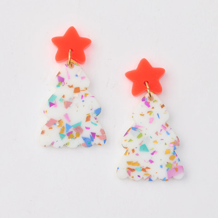 Martha Jean - Puffy Christmas Tree Earrings - White / Orange
