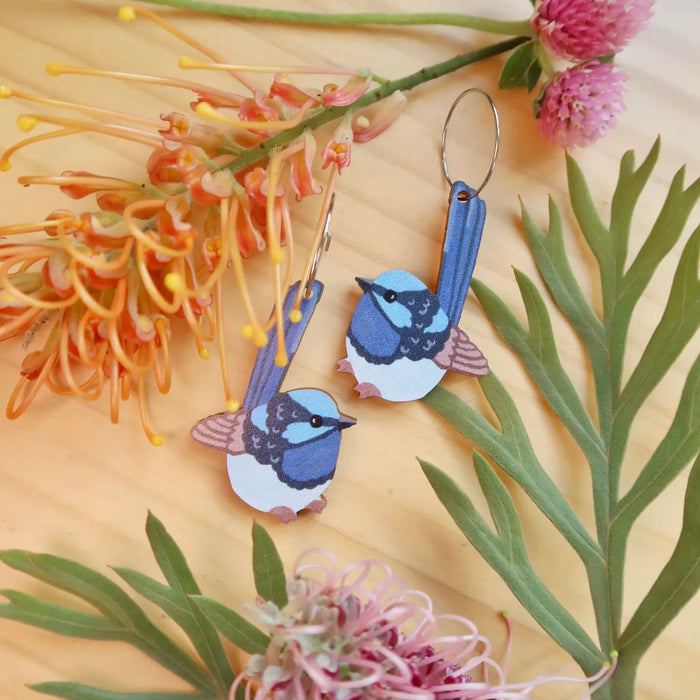 Pixie Nut & Co - Wooden Hoop Earrings - Blue Wren