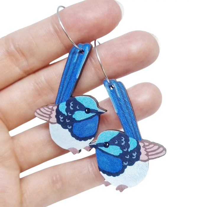 Pixie Nut & Co - Wooden Hoop Earrings - Blue Wren