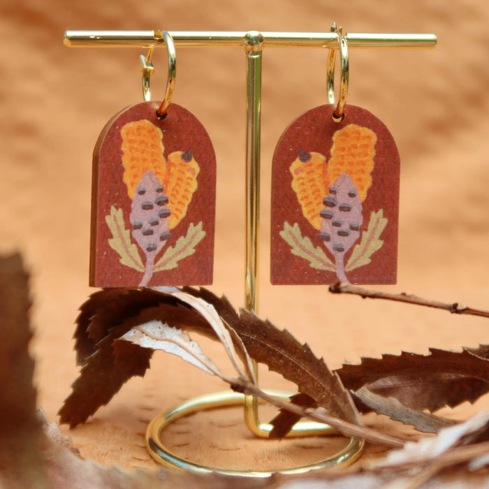 Pixie Nut & Co - Gold Plated Hoop Earrings - Swamp Oak Banksia