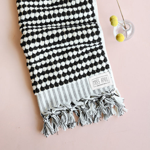 Miss April - Turkish Pom Pom Hand Towel - Black & White