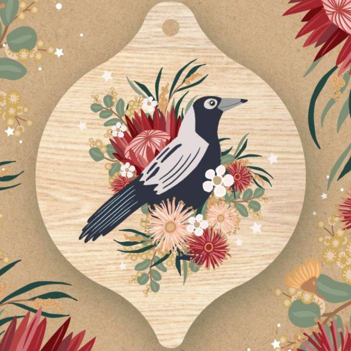 Aero Images - Christmas Card with Wooden Decoration - Christie Williams - Magpie on Protea