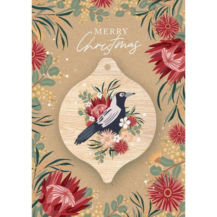 Aero Images - Christmas Card with Wooden Decoration - Christie Williams - Magpie on Protea