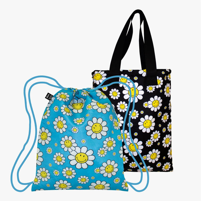 LOQI - Reversible Recycled Backpack - Smily Flowers Black & Aquarius