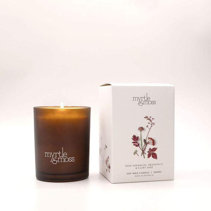 Myrtle & Moss - Soy Wax Candle - Rose Geranium, Grapefruit & Clary Sage