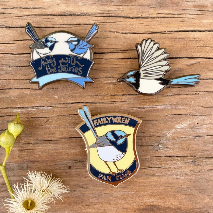 Bridget Farmer - Enamelled Lapel Pin - Australian Blue Wren in Flight