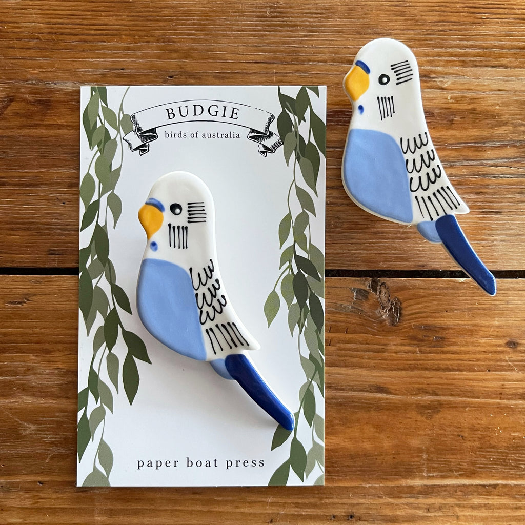 Paper Boat Press - Ceramic Australian Bird Brooch - Blue Budgie