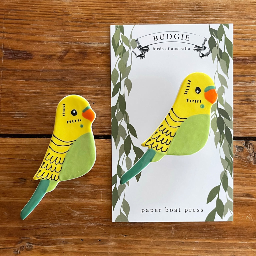 Paper Boat Press - Ceramic Australian Bird Brooch - Green Budgie