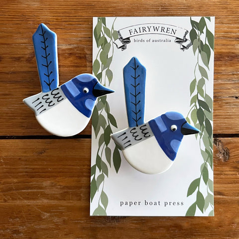 Paper Boat Press - Ceramic Australian Bird Brooch - Blue Wren