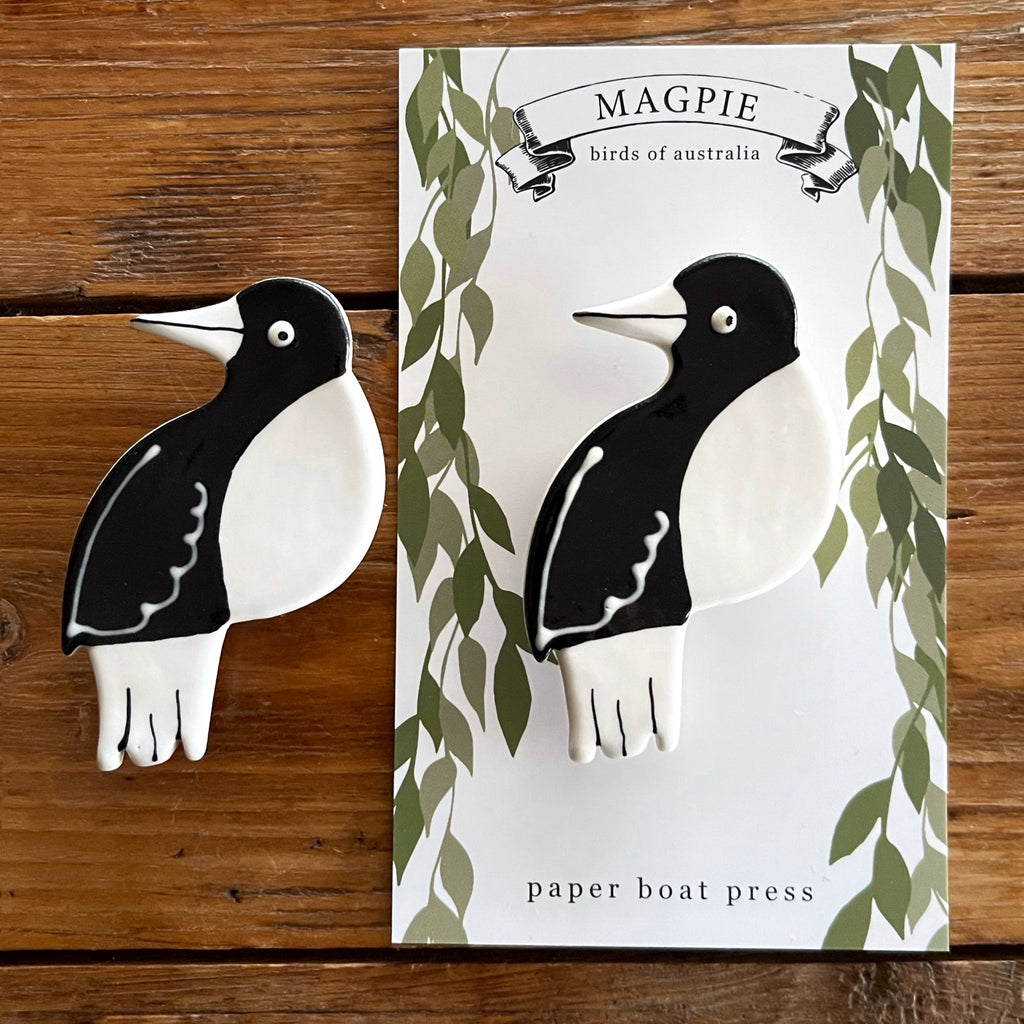 Paper Boat Press - Ceramic Australian Bird Brooch - Magpie