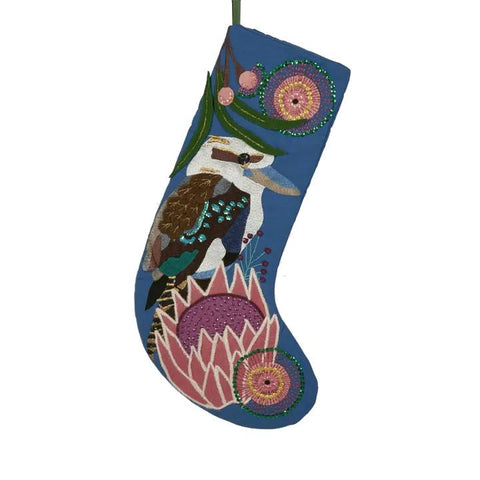 Velvet & Vixen - Embroidered Christmas Stocking - Kookaburra on Blue