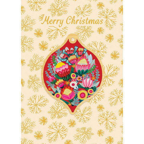 Aero Images - Christmas Card with Wooden Decoration - Kristen Katz - Bush Flowers Red