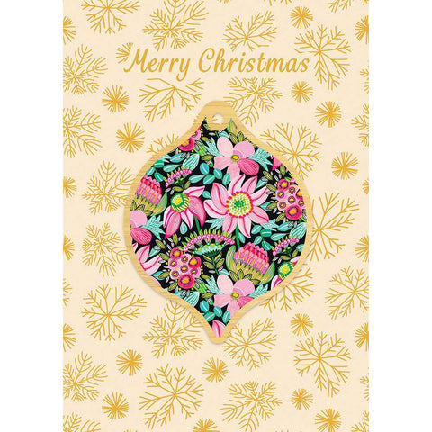 Aero Images - Christmas Card with Wooden Decoration - Kristen Katz - Pink Poinsettias