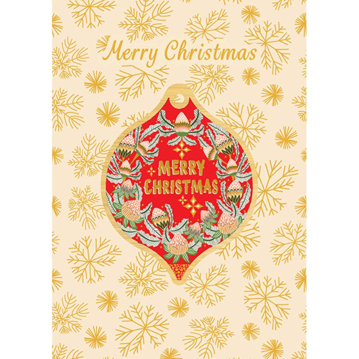 Aero Images - Christmas Card with Wooden Decoration - Kirsten Katz - Merry Christmas Protea Wreath