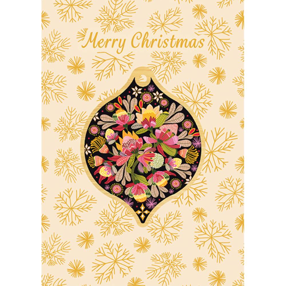 Aero Images - Christmas Card with Wooden Decoration - Kristen Katz - Proteas on Black