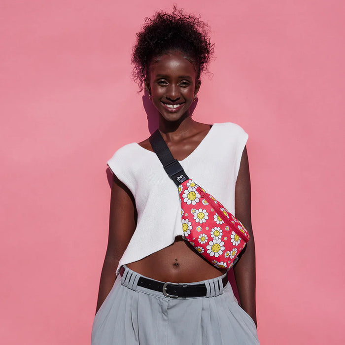 LOQI - Recycled Cross Body / Bum Bag - Smily Flowers Raspberry