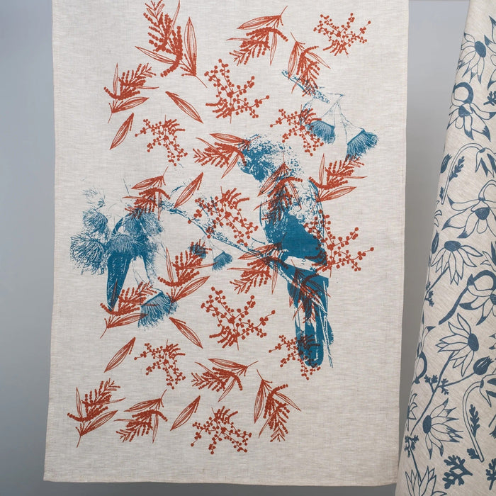 Femke Textiles - Linen Tea Towel - Cockatoo Mixed Wattle in Sea blue & Redwood