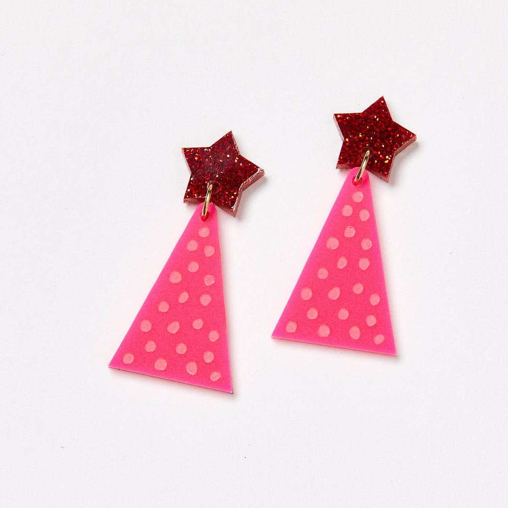 Martha Jean - Christmas Tree Earrings - Red & Pink Spotty