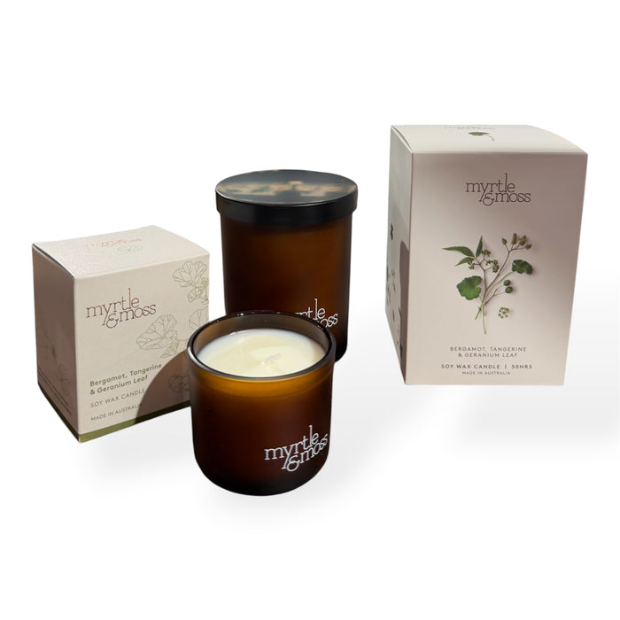 Myrtle & Moss - Soy Wax Candle - Bergamot, Tangerine & Geranium Leaf
