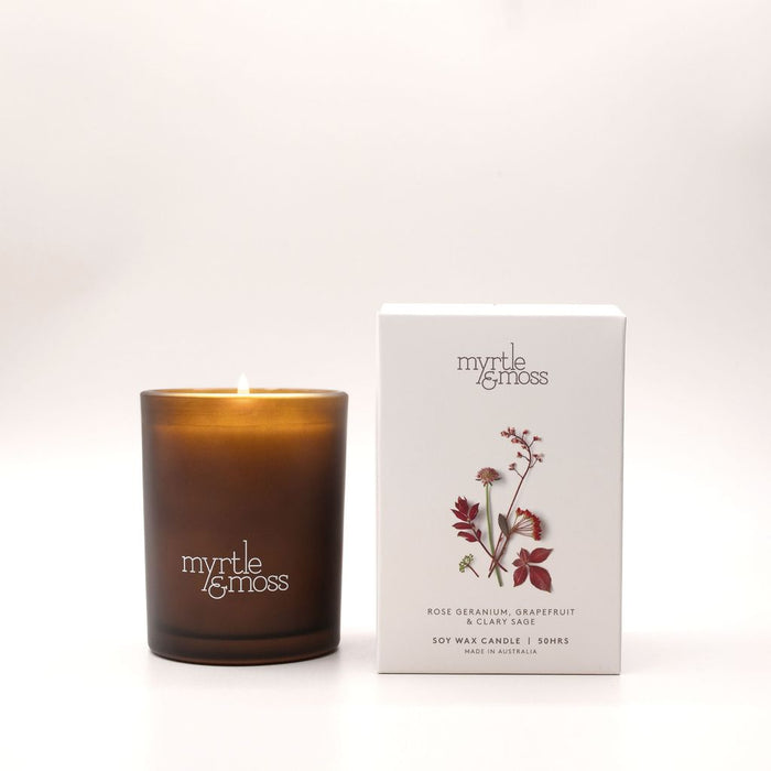 Myrtle & Moss - Soy Wax Candle - Rose Geranium, Grapefruit & Clary Sage
