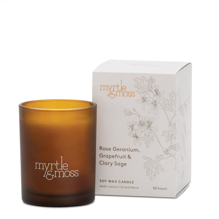 Myrtle & Moss - Soy Wax Candle - Rose Geranium, Grapefruit & Clary Sage