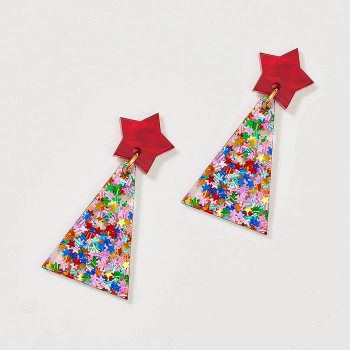 Martha Jean - Christmas Tree Earrings - Red & Multi Star Glitter