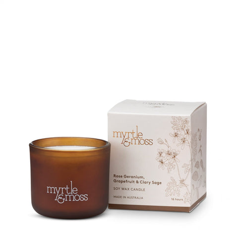 Myrtle & Moss - Soy Wax Candle - Rose Geranium, Grapefruit & Clary Sage