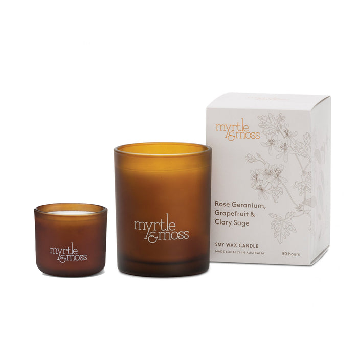 Myrtle & Moss - Soy Wax Candle - Rose Geranium, Grapefruit & Clary Sage