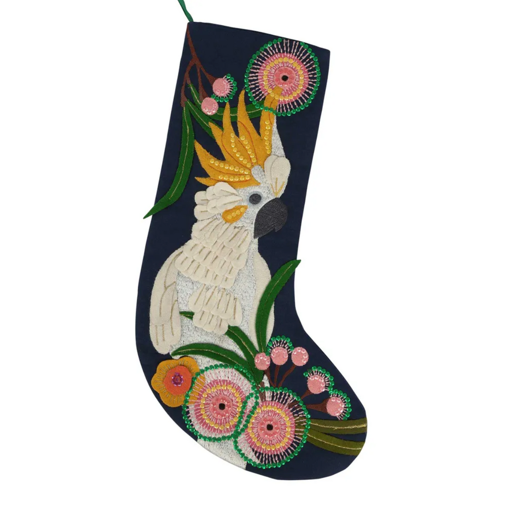 Velvet & Vixen - Embroidered Christmas Stocking - Cockatoo on Navy