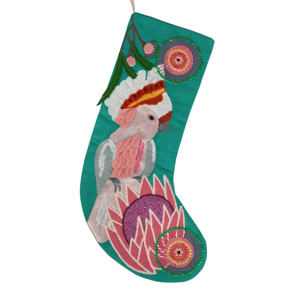 Velvet & Vixen - Embroidered Christmas Stocking - Pink Cockatoo on Teal