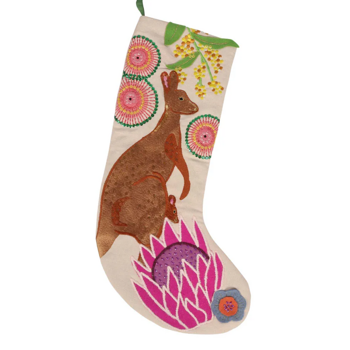 Velvet & Vixen - Embroidered Christmas Stocking - Kangaroo on Pale Blush