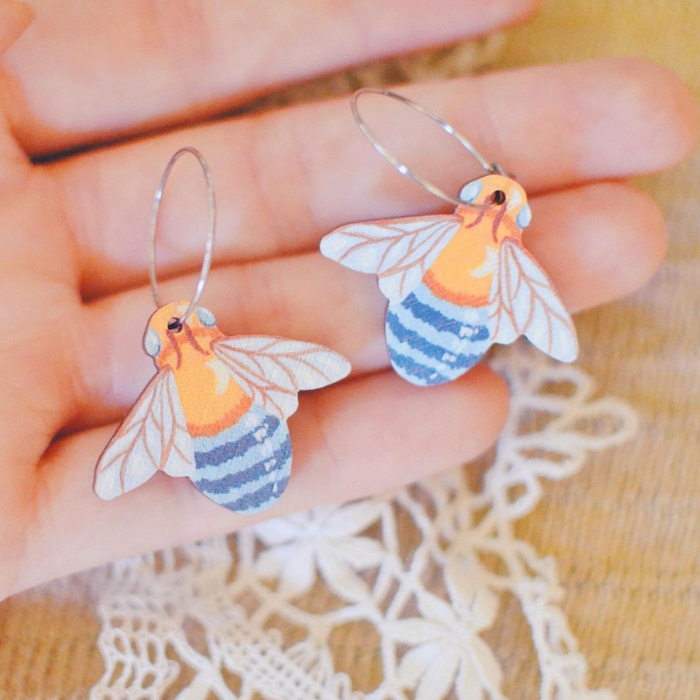 Pixie Nut & Co - Wooden Hoop Earrings - Blue Banded Bees