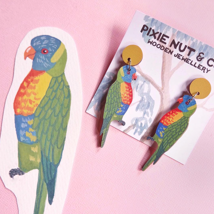 Pixie Nut & Co - Wooden Earrings - Rainbow Lorikeets