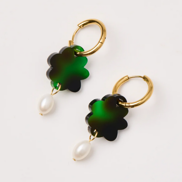 Martha Jean - Cloud & Pearl Earrings - Tortoise Green
