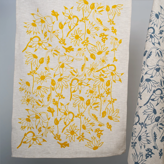 Femke Textiles - Linen Tea Towel - Flannel Flowers in Wattle Yellow