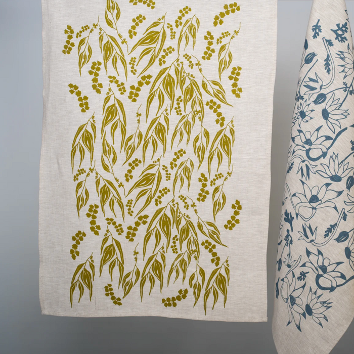Femke Textiles - Linen Tea Towel - Gum Leaves in  Olive Oil