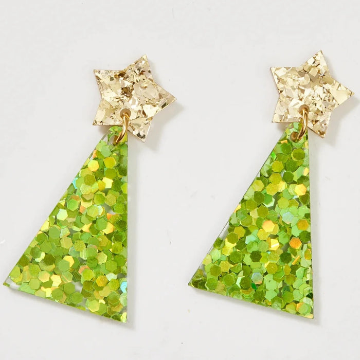 Martha Jean - Christmas Tree Earrings - Gold & Spring Green Glitter