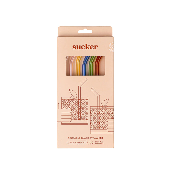 Sucker - Glass Drinking Straws - Set of 6 - Multicoloured