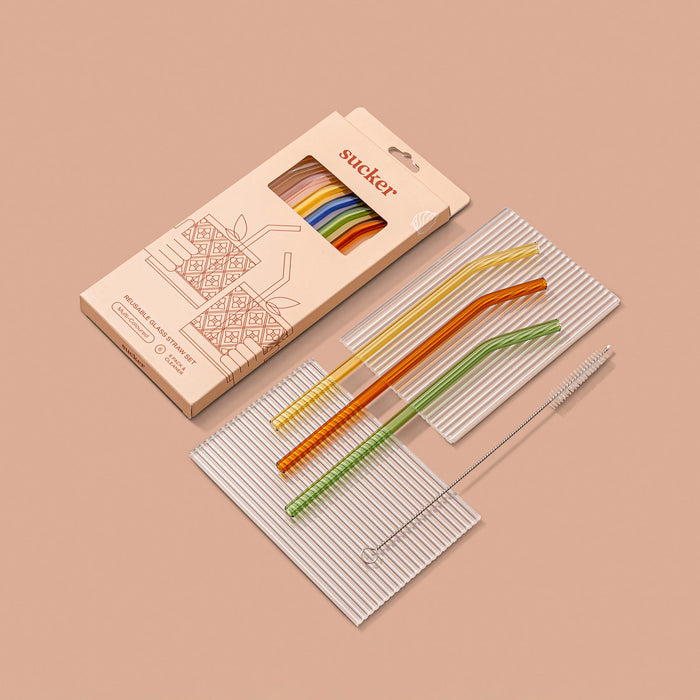 Sucker - Glass Drinking Straws - Set of 6 - Multicoloured