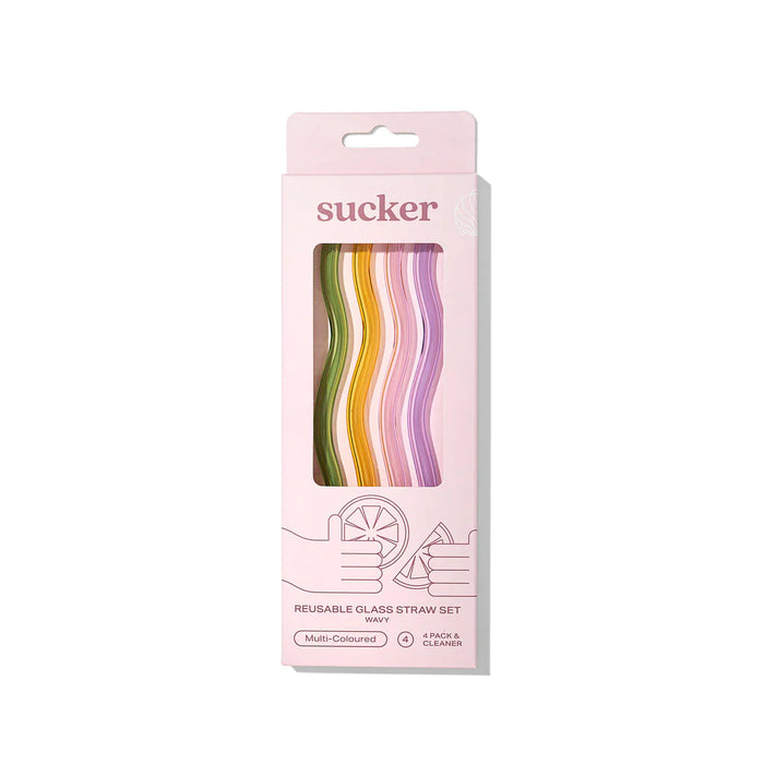 Sucker - Wavy Glass Drinking Straws - Set of 4 - Multicoloured