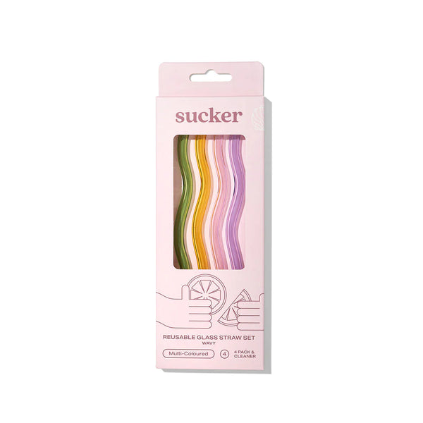 Sucker - Wavy Glass Drinking Straws - Set of 4 - Multicoloured