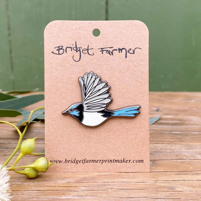 Bridget Farmer - Enamelled Lapel Pin - Australian Blue Wren in Flight