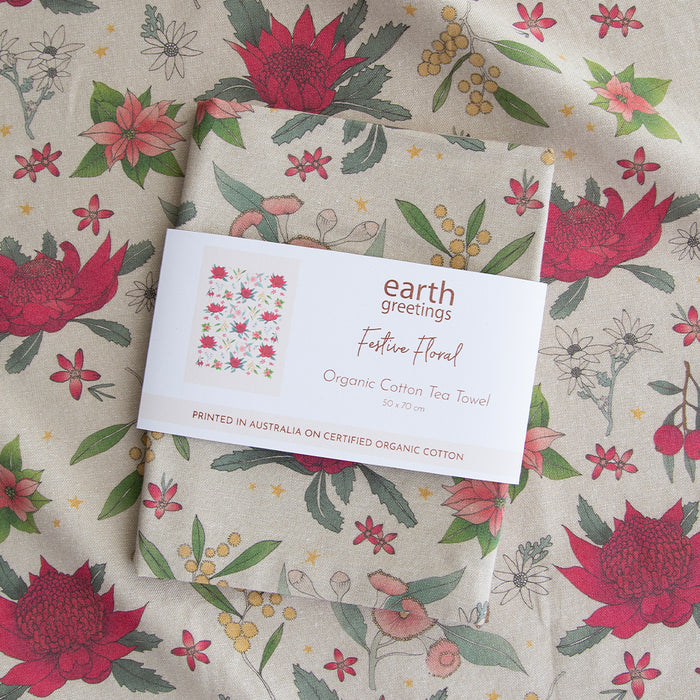 Earth Greetings - Christmas Tea Towel - Festive Florals