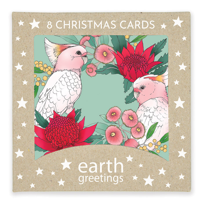 Victoria McGrane - Christmas Gift Cards - Pack of 8 - Pink Cockatoo Wreath