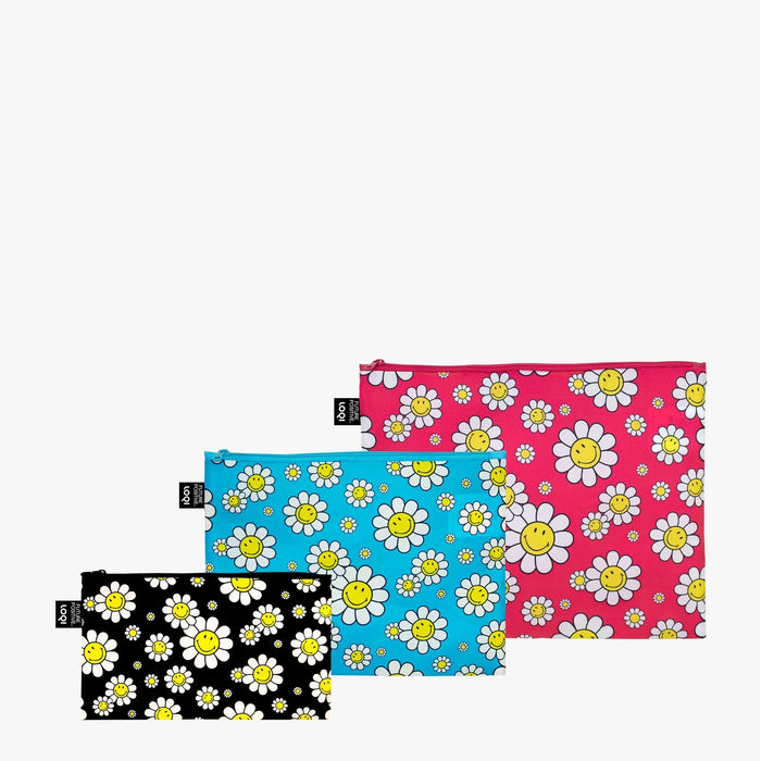 LOQI - Set of 3 Recycled Zip Pockets - Smiley Flowers