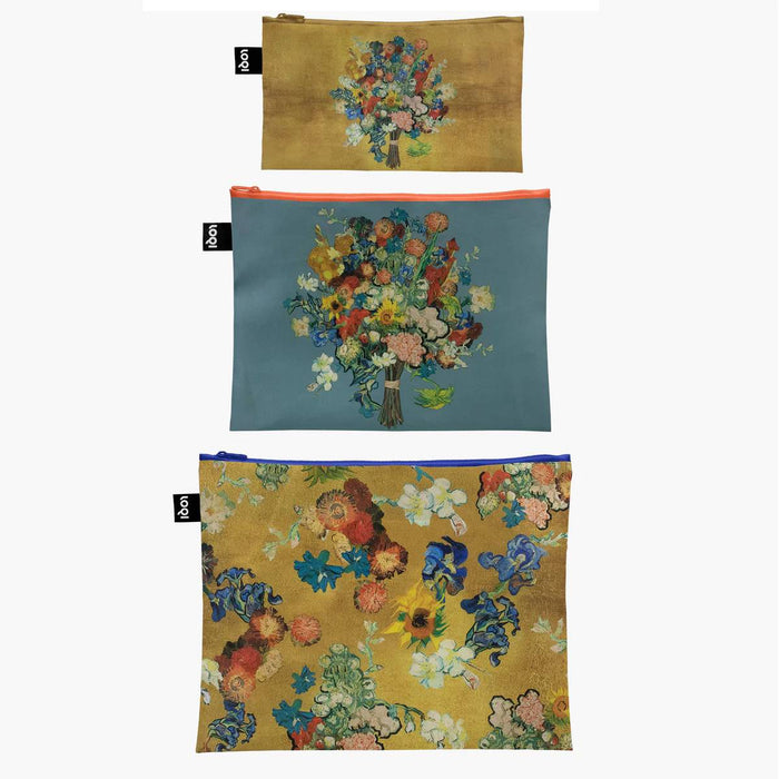 LOQI - Set of 3 Recycled Zip Pockets - Vincent Van Gogh - Flower Pattern